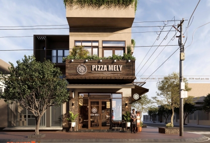 Thiết kế quán Pizza Mely 85m² tại Bắc Giang – Không gian Rustic ấm cúng, hiện đại