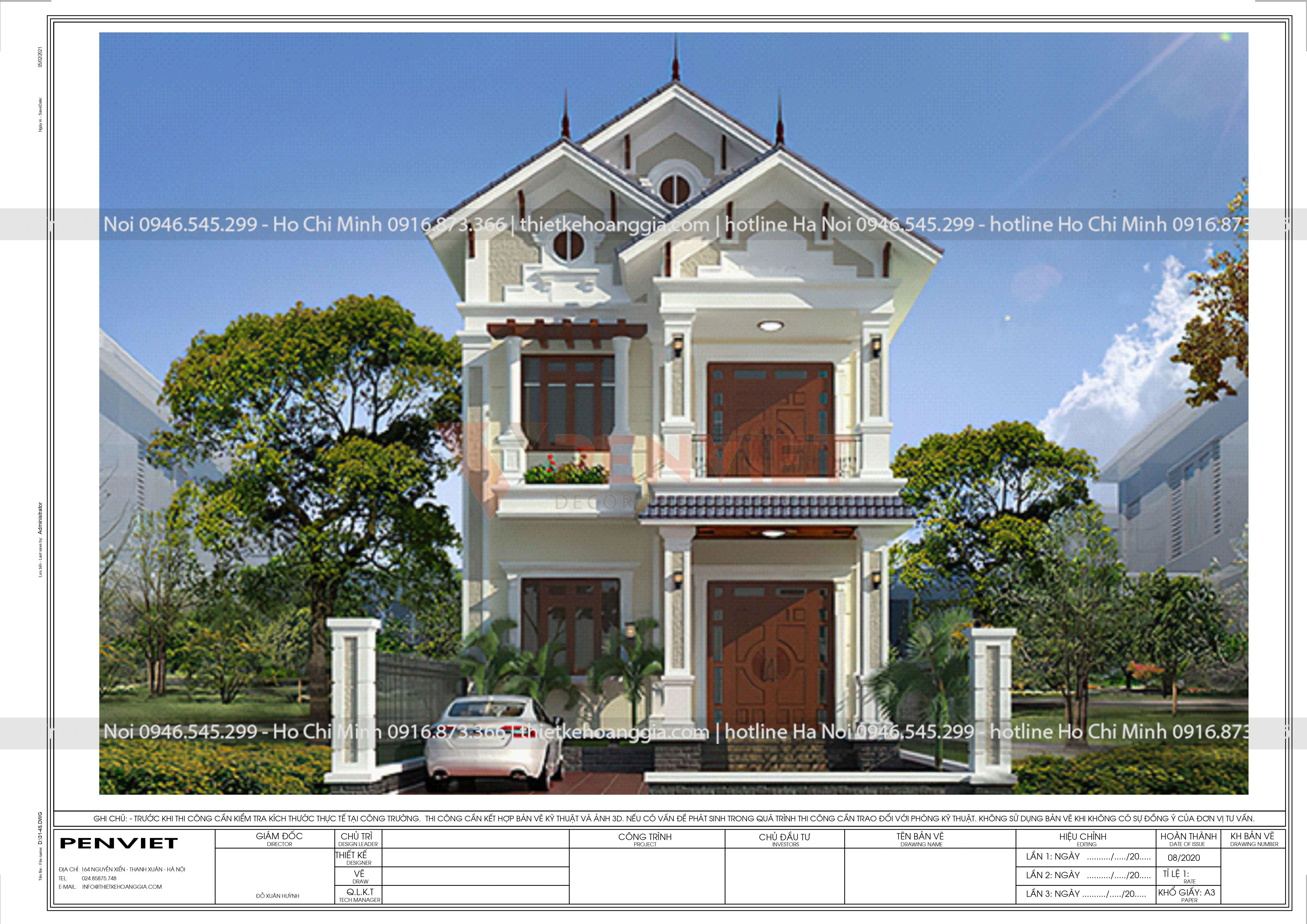Mẫu bản vẽ thiết kế biệt thự p00056 - T2- ĐL