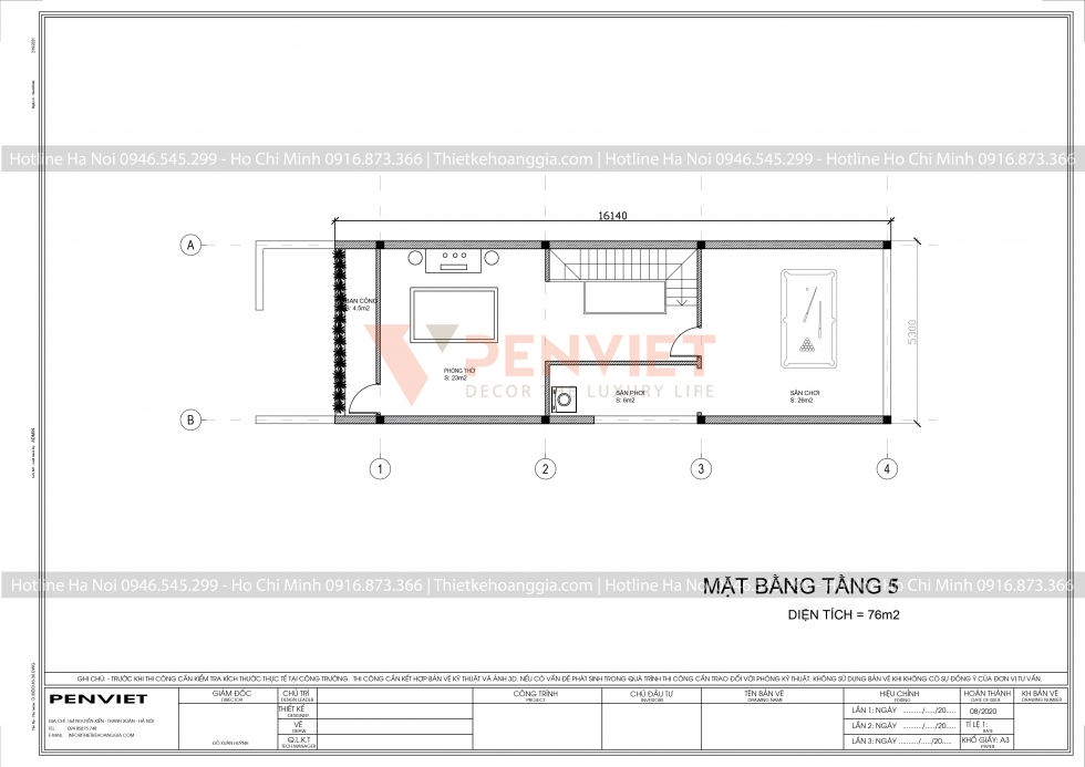 Mẫu thiết kế bản vẽ nhà liền kề P00037 - T5 - M1 - Mặt bằng tầng 5