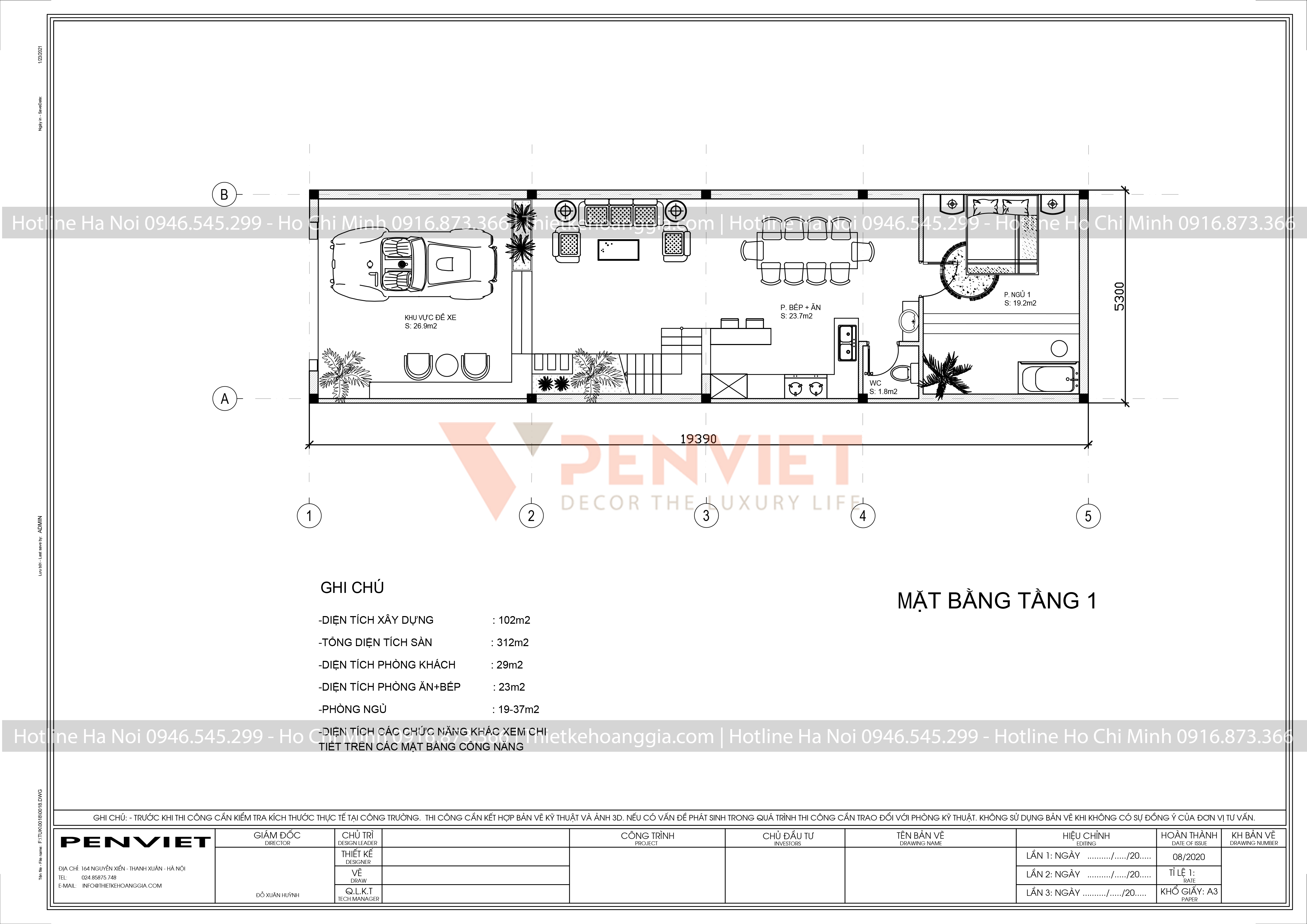 Mẫu bản vẽ nhà liền kề P00042 - T4 - M1 - Mặt bằng tầng 1