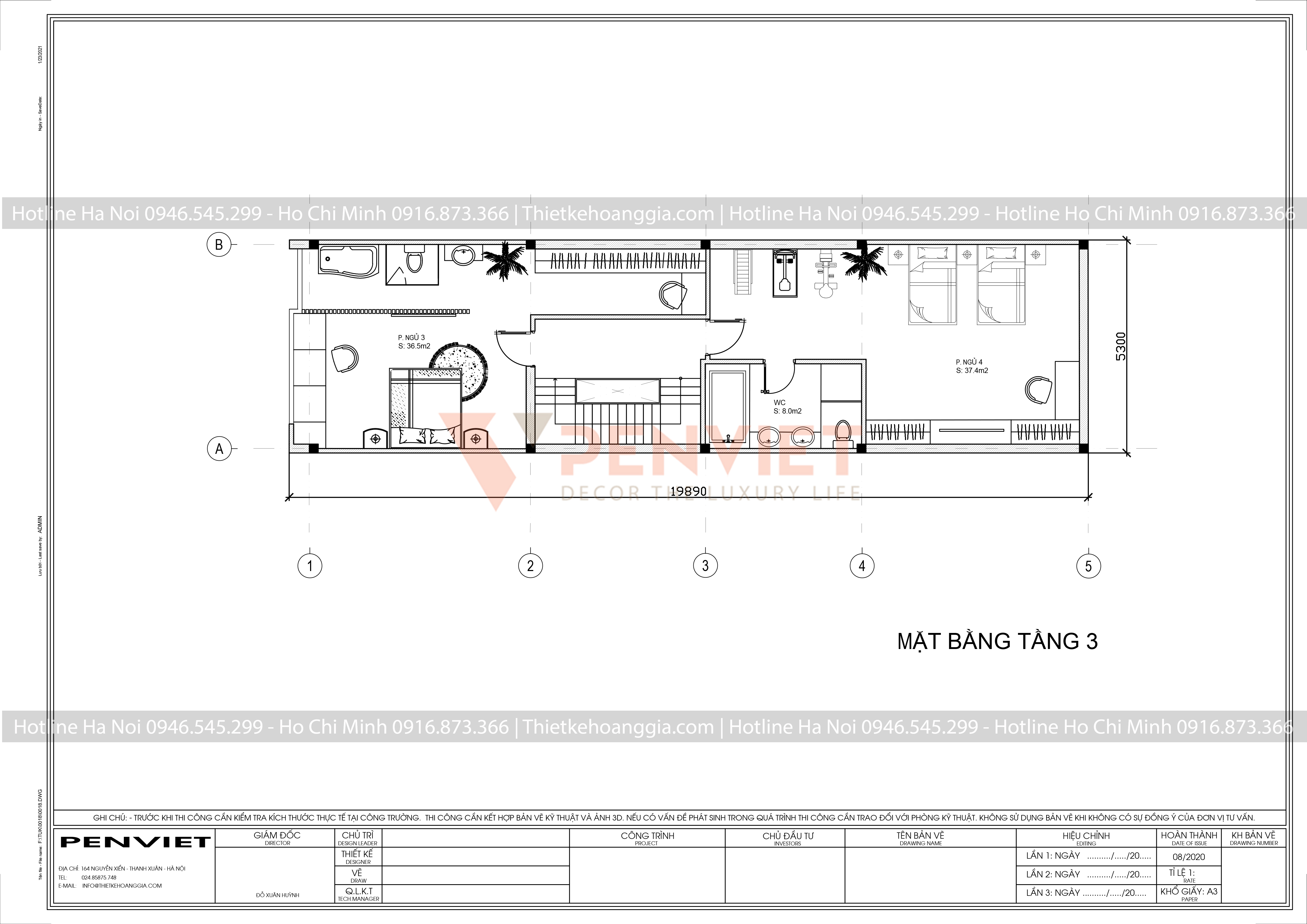 Mẫu bản vẽ nhà liền kề P00042 - T4 - M1 - Mặt bằng tầng 3