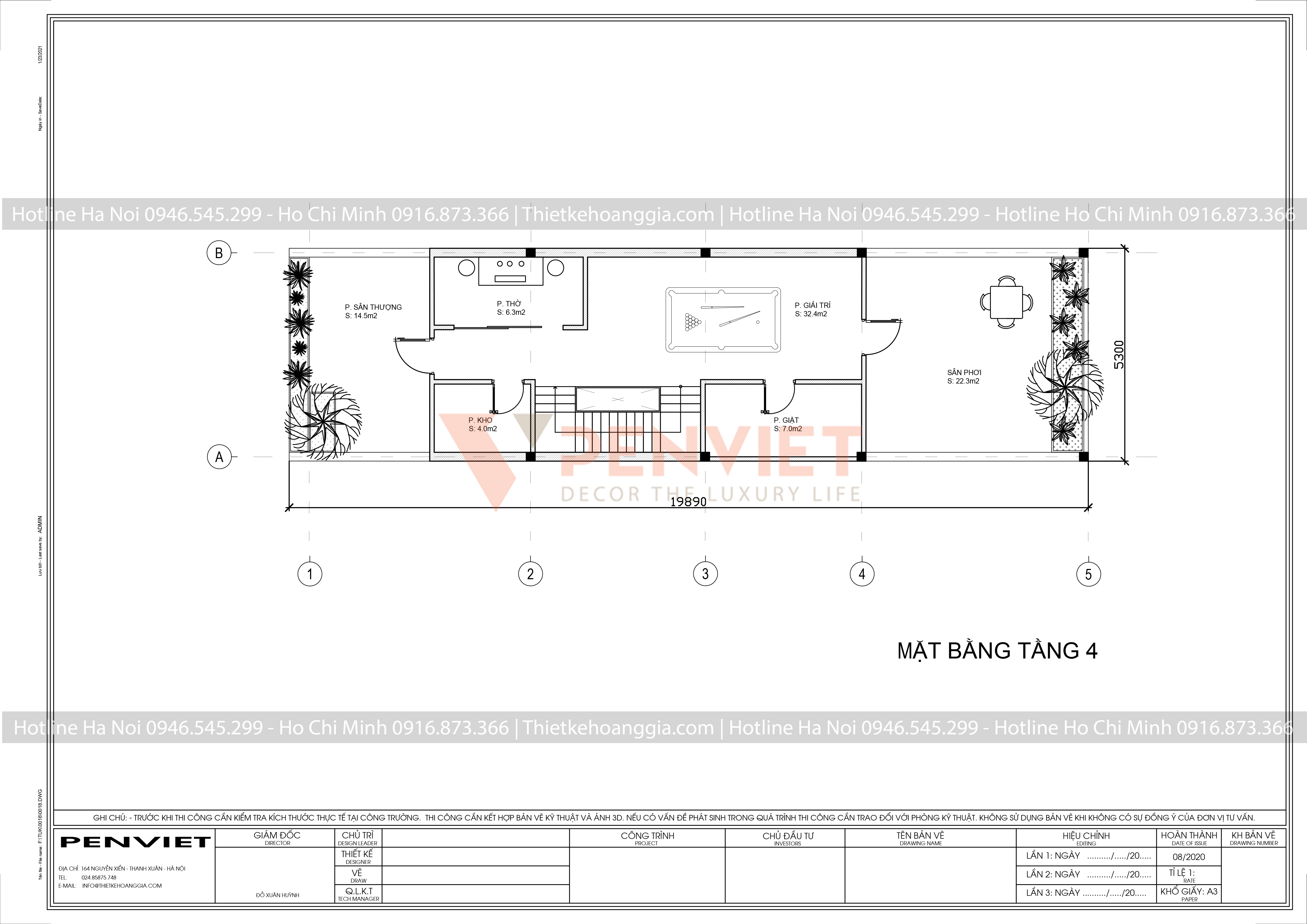 Mẫu bản vẽ nhà liền kề P00042 - T4 - M1 - Mặt bằng tầng 4
