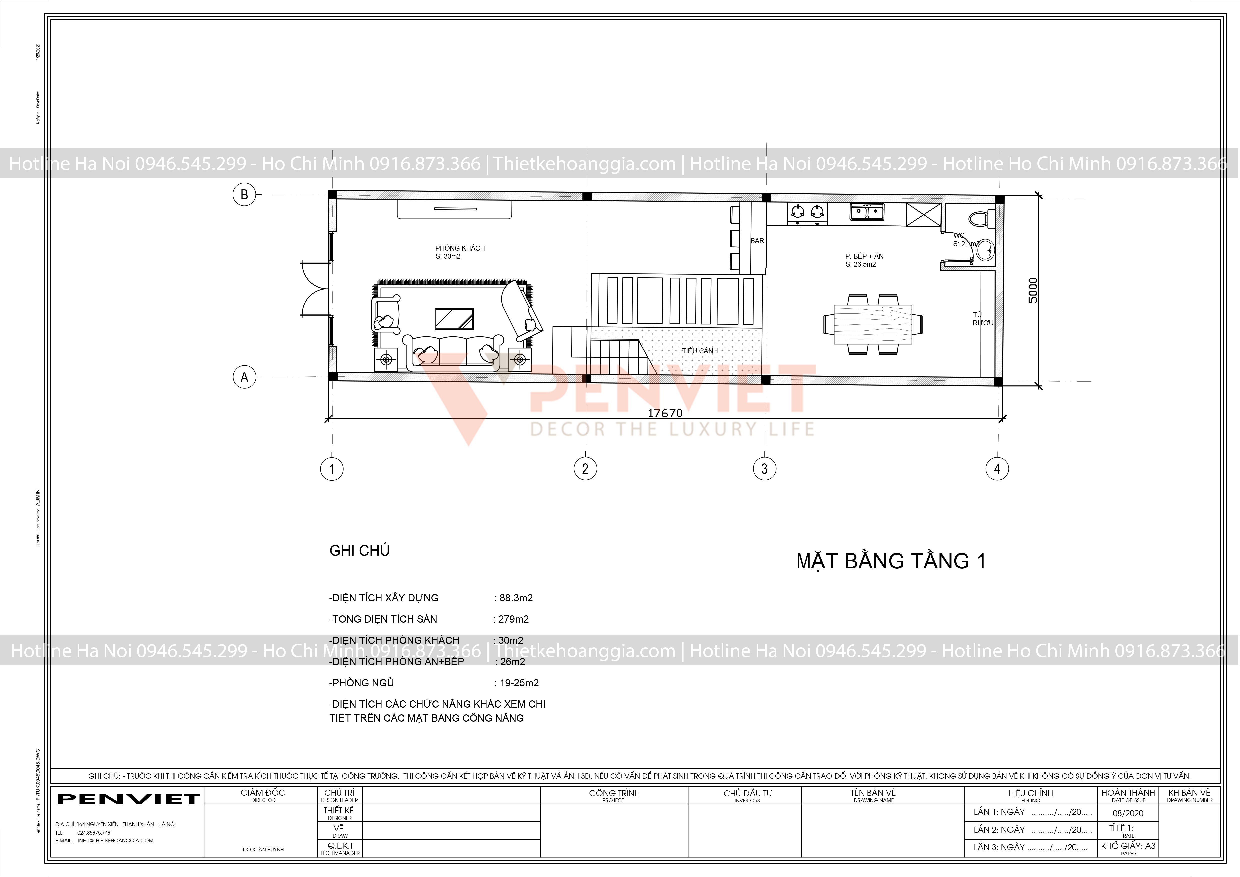 Mẫu bản vẽ nhà liền kề P00053 - T3 - M1 - Mặt bằng tầng 1