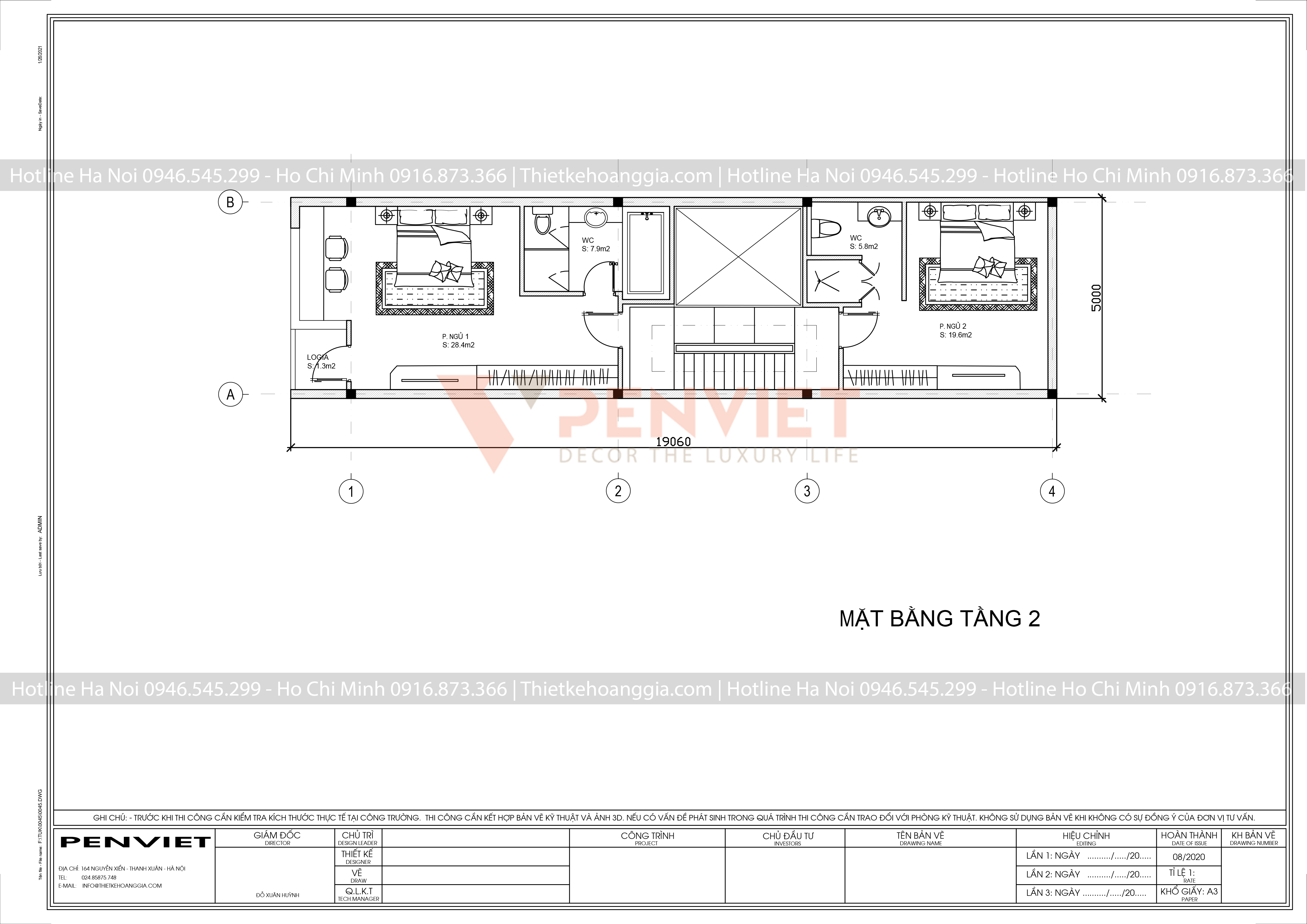 Mẫu bản vẽ nhà liền kề P00053 - T3 - M1 - Mặt bằng tầng 2