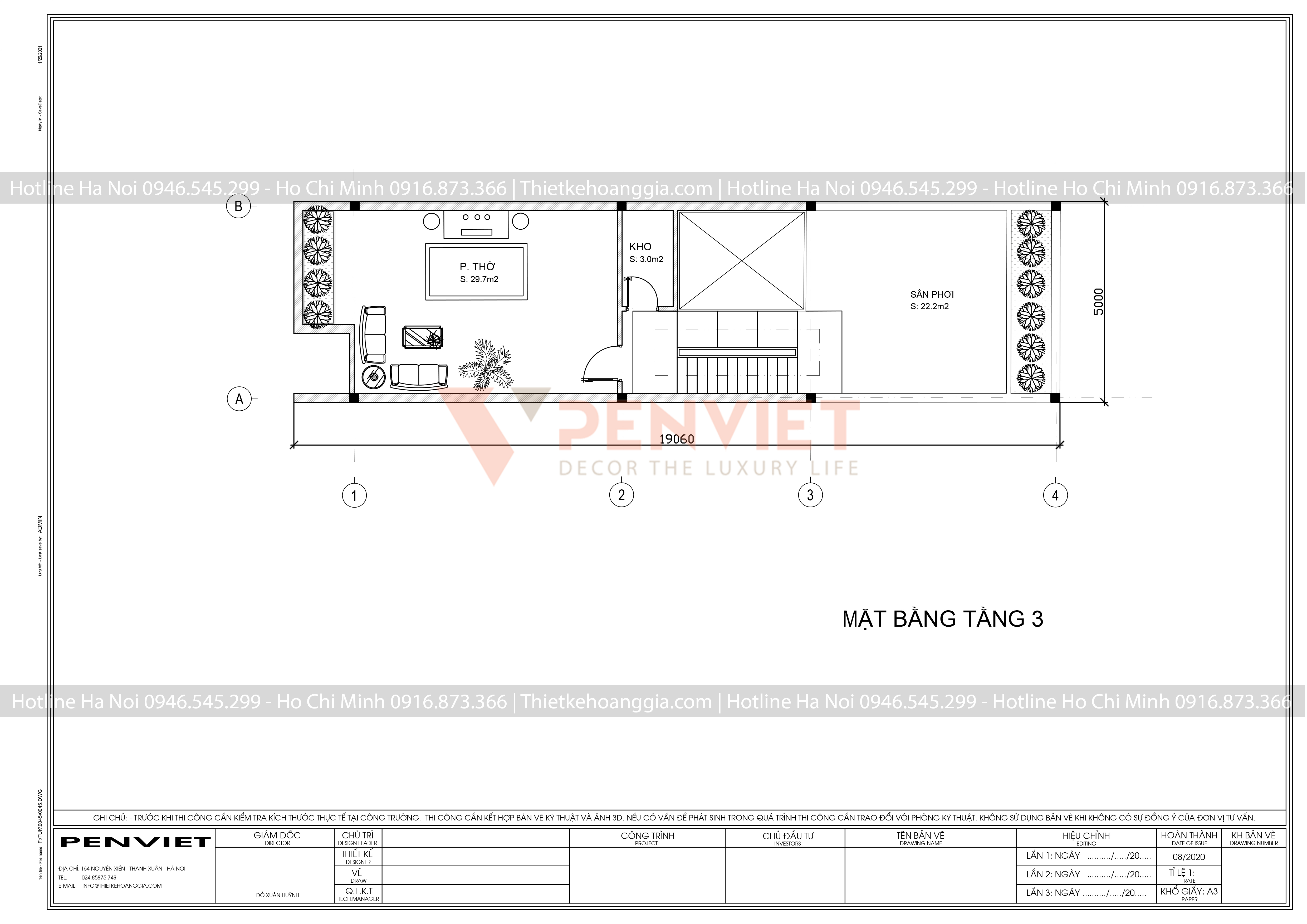 Mẫu bản vẽ nhà liền kề P00053 - T3 - M1 - Mặt bằng tầng 2