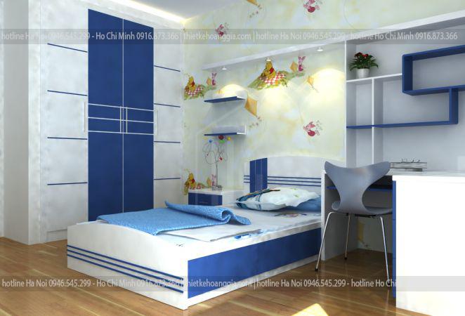 Thiết kế nội thất phòng ngủ nhà phố hiện đại với màu xanh dương