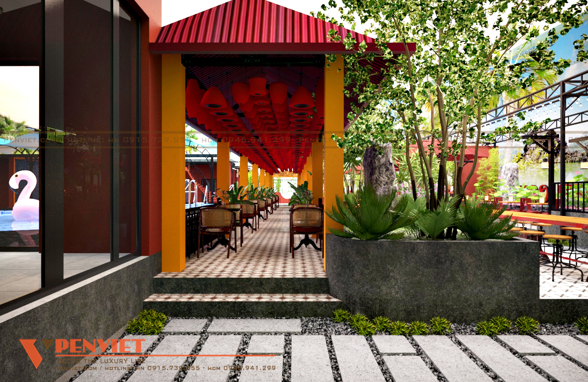 Không gian quán cafe được thiết kế với màu chủ đạo đỏ vàng