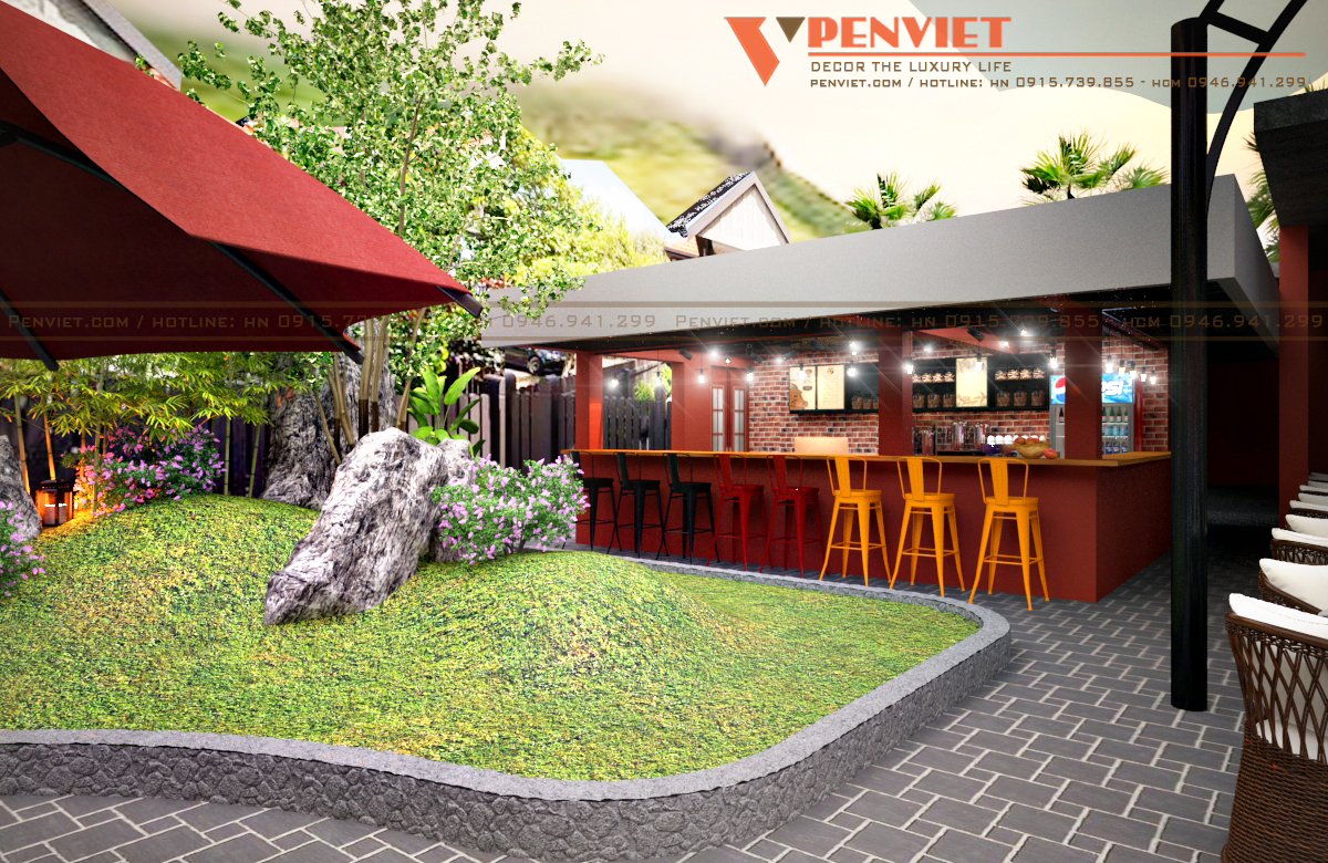 Khu vực pha chế cafe được thiết kế trước khu cỏ vườn Nhật Bản