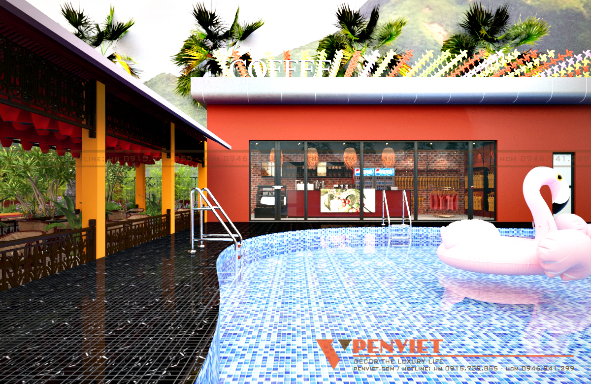 Thiết kế quán cafe bên cạnh khu vực hồ bơi mang đến đa loại hình dịch vụ cho khách hàng