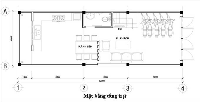 Mặt bằng thiết kế nội thất tầng 1 nhà phố 4 tầng