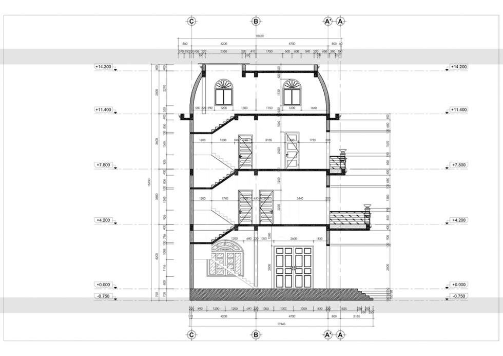 Mặt cắt 1-4 nhà phố Anh Mạnh