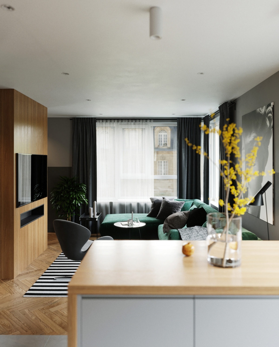 thiết kế nội thất phòng khách chung cư với màu xanh ngọc